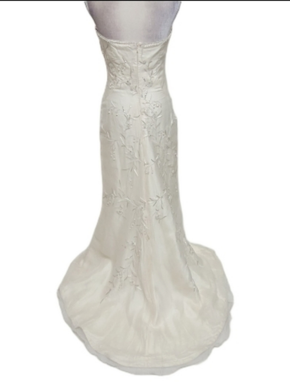 90s Vintage Lazaro Cream Silk Floral Embroidered Pearl Strapless Column Dress 10 - Picture 7 of 13
